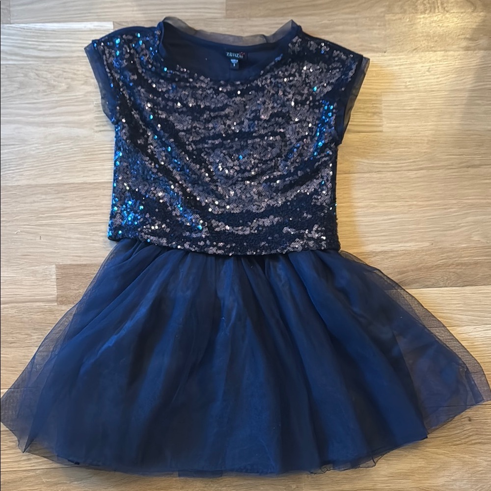 Blue Sequin Embellished Fit and Flare Dress